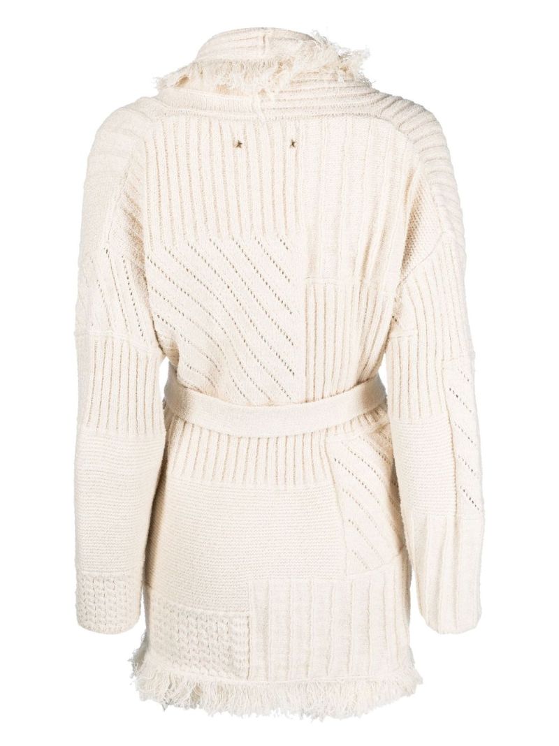 Neutral Belted Patchwork-knit Cardigan
