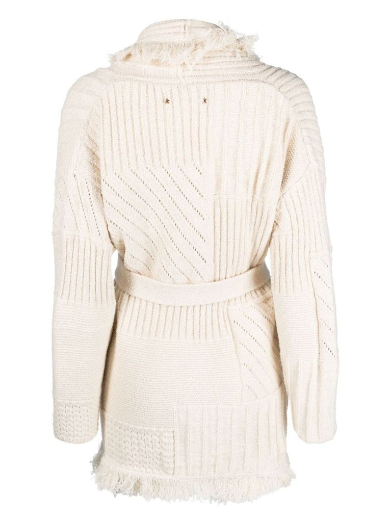 Neutral Belted Patchwork-knit Cardigan