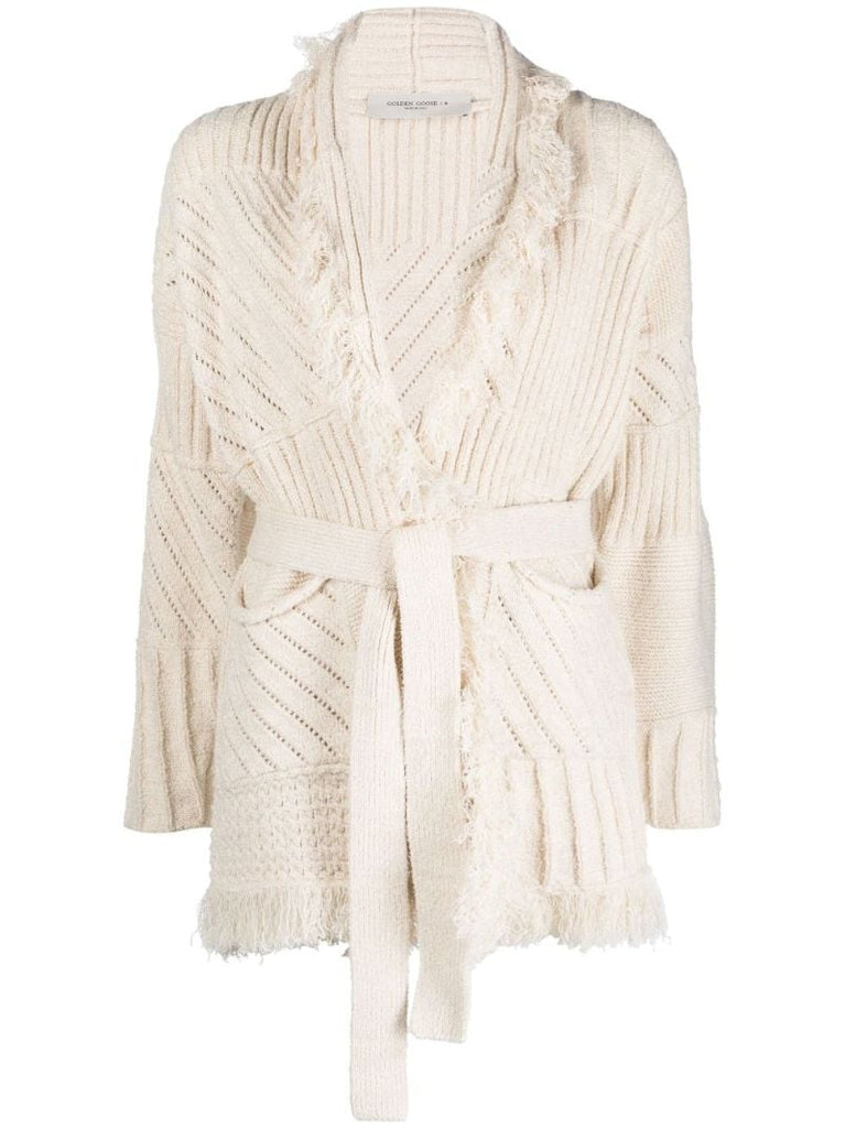 Neutral Belted Patchwork-knit Cardigan
