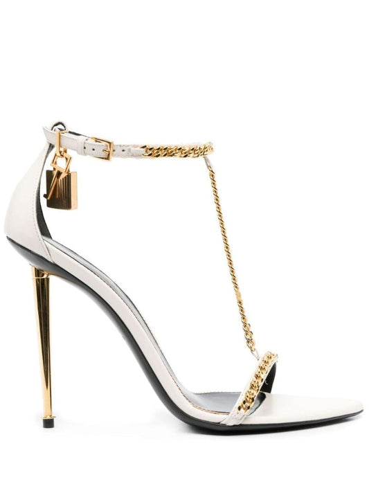 White Padlock Chain Pointy Naked 105 Leather Sandals
