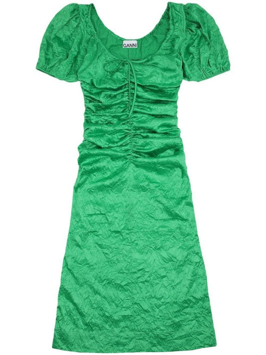 Green Gathered Detail Puff Sleeves Dress
