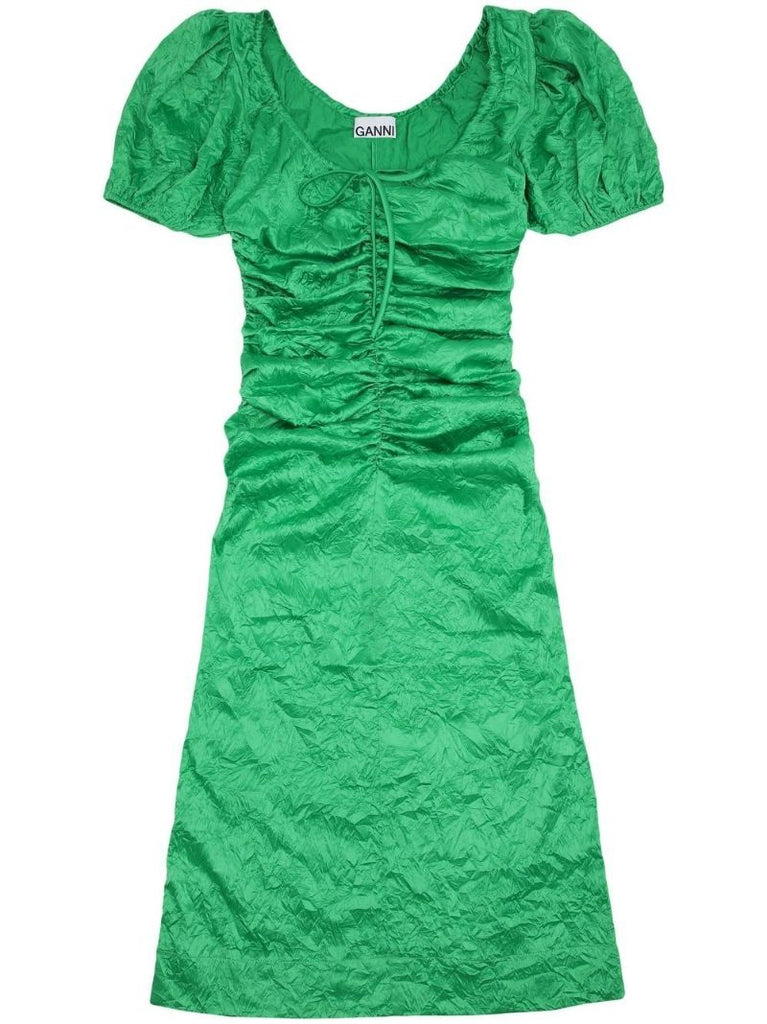 Green Gathered Detail Puff Sleeves Dress