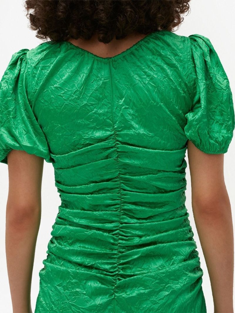 Green Gathered Detail Puff Sleeves Dress