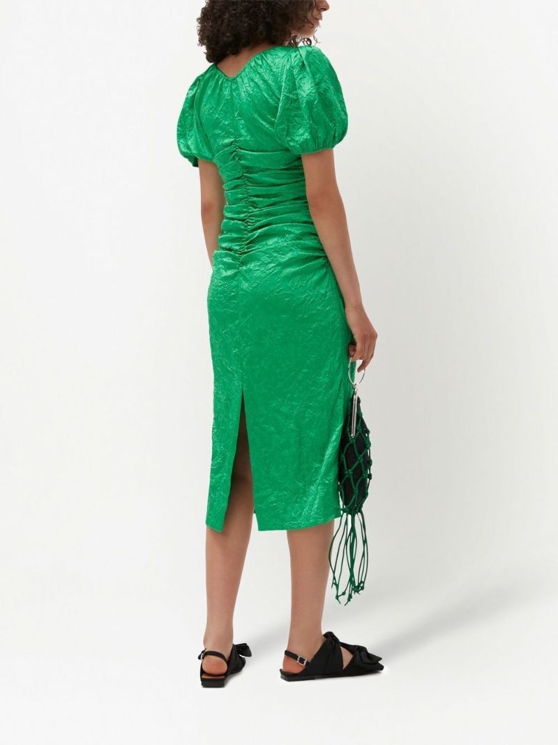 Green Gathered Detail Puff Sleeves Dress
