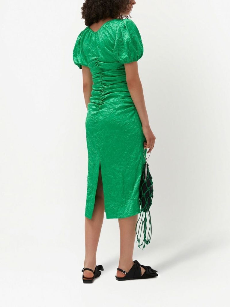 Green Gathered Detail Puff Sleeves Dress