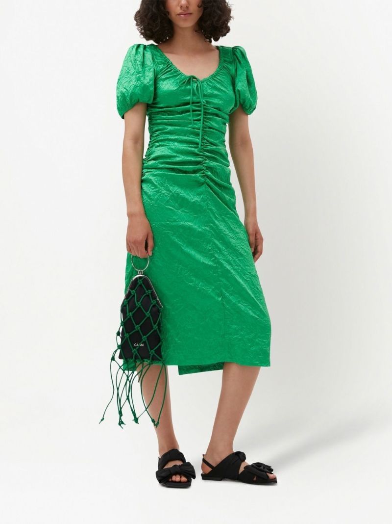 Green Gathered Detail Puff Sleeves Dress