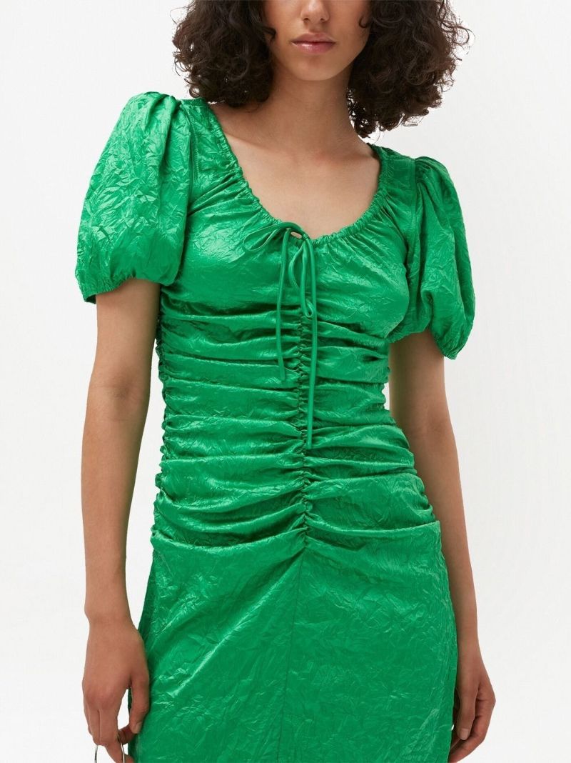 Green Gathered Detail Puff Sleeves Dress