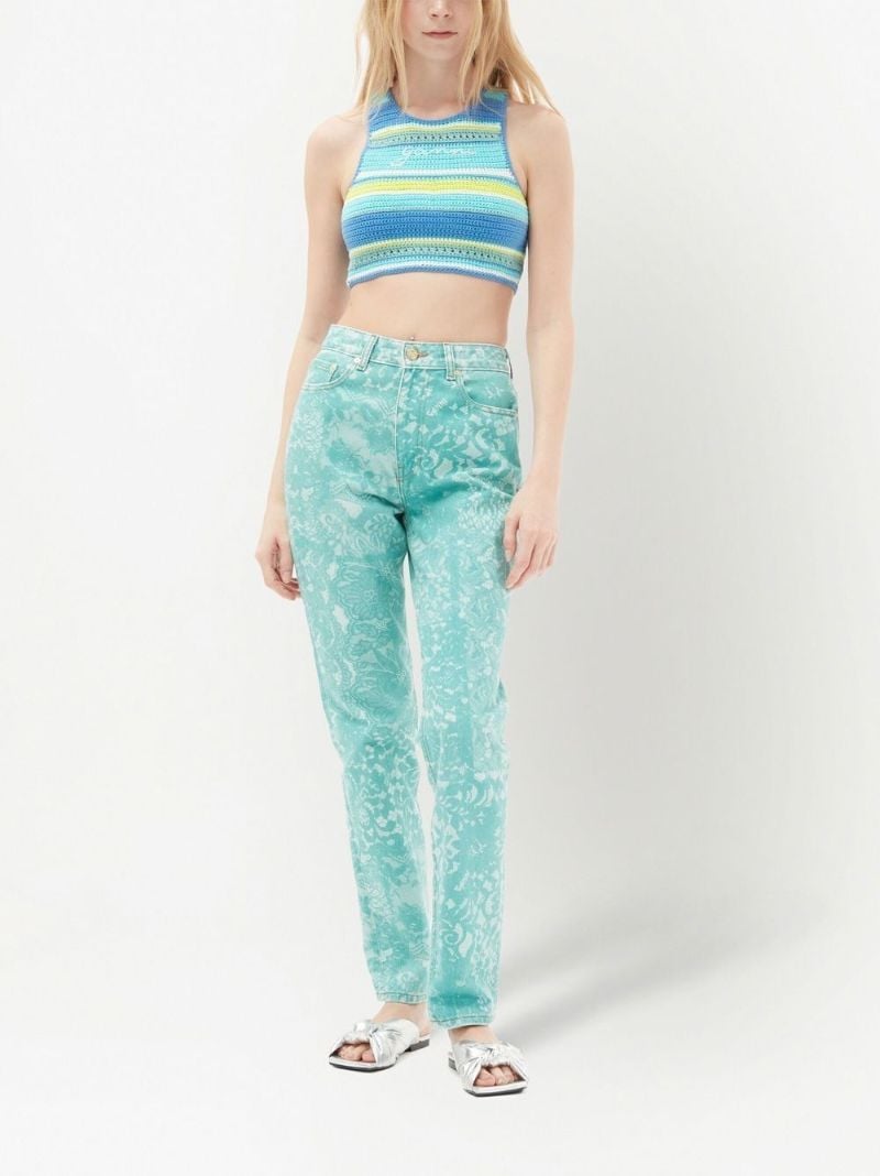 Blue Lace Print High Waist Straight Legs Jeans