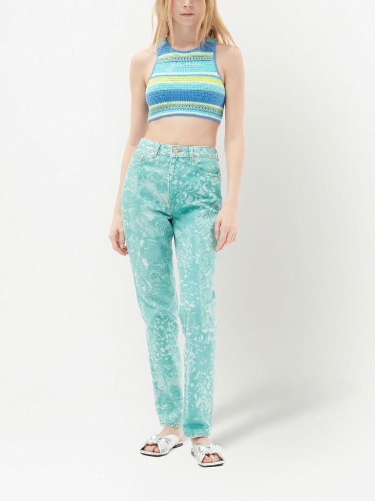 Blue Lace Print High Waist Straight Legs Jeans