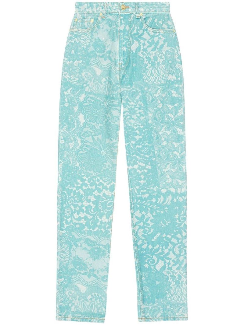 Blue Lace Print High Waist Straight Legs Jeans