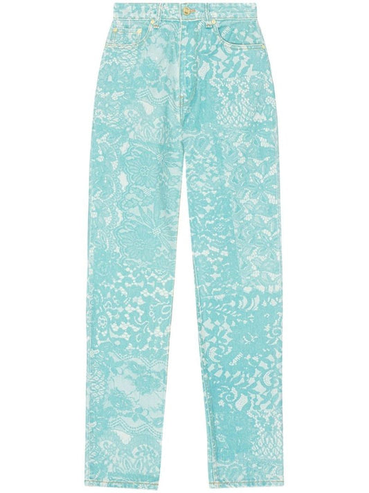 Blue Lace Print High Waist Straight Legs Jeans