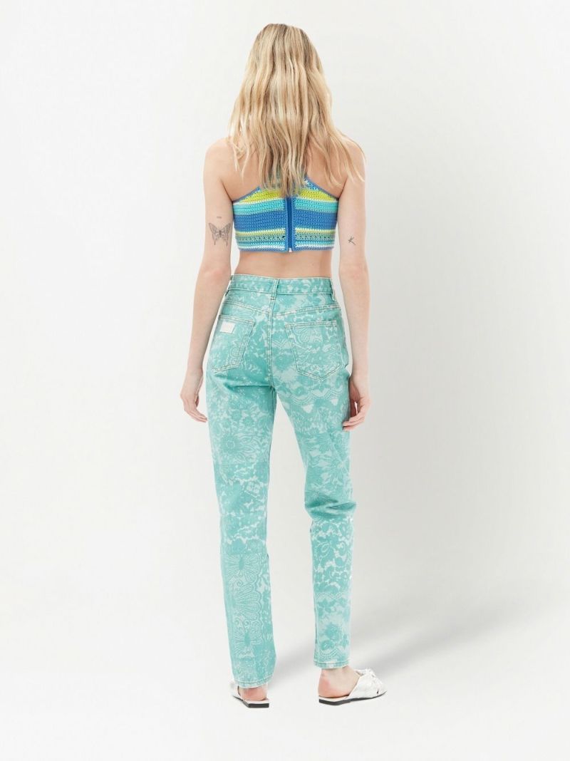 Blue Lace Print High Waist Straight Legs Jeans