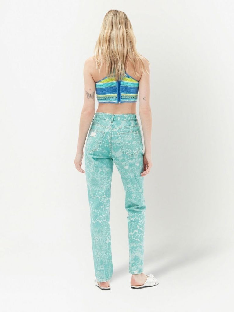 Blue Lace Print High Waist Straight Legs Jeans