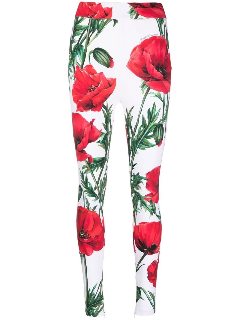 White Poppy Print Leggings