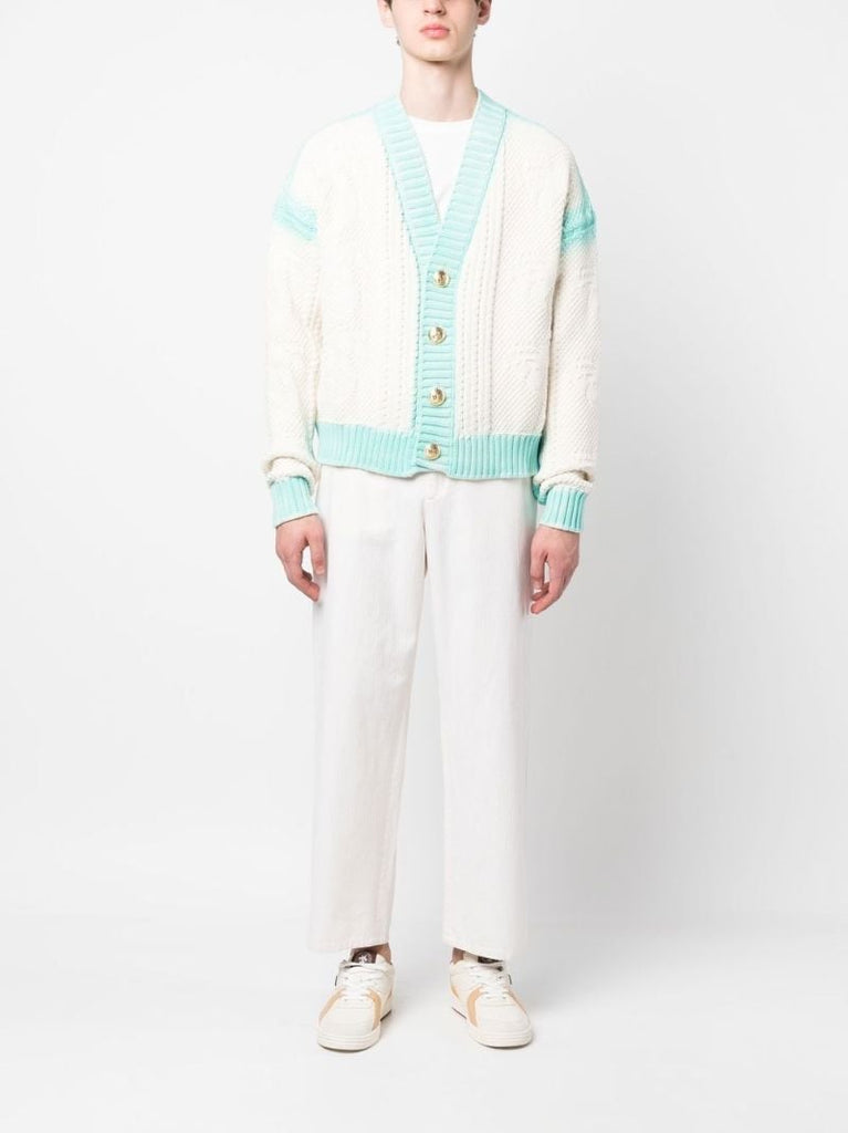 Off-white and Blue Ribbed Cardigan