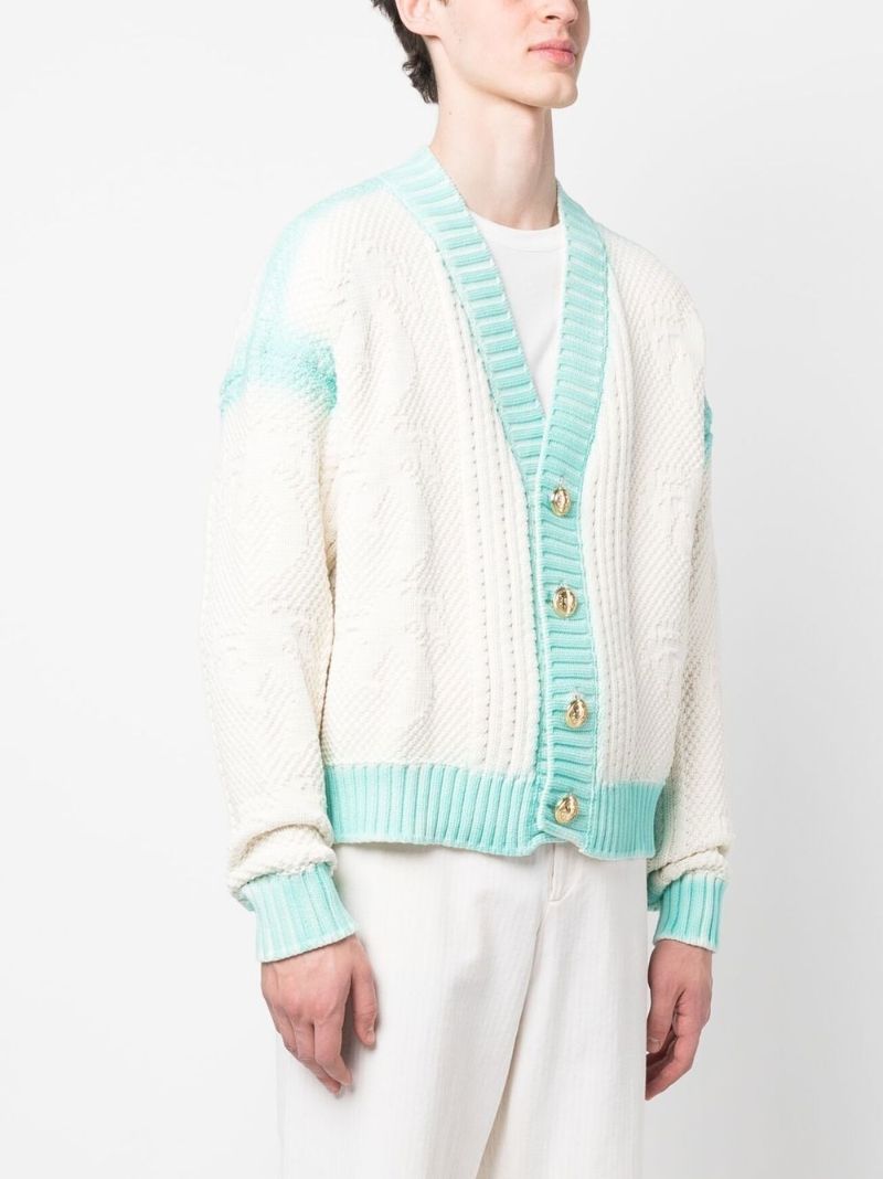 Off-white and Blue Ribbed Cardigan