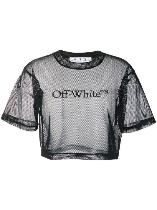 Black Logo Print Cropped Mesh T-shirt