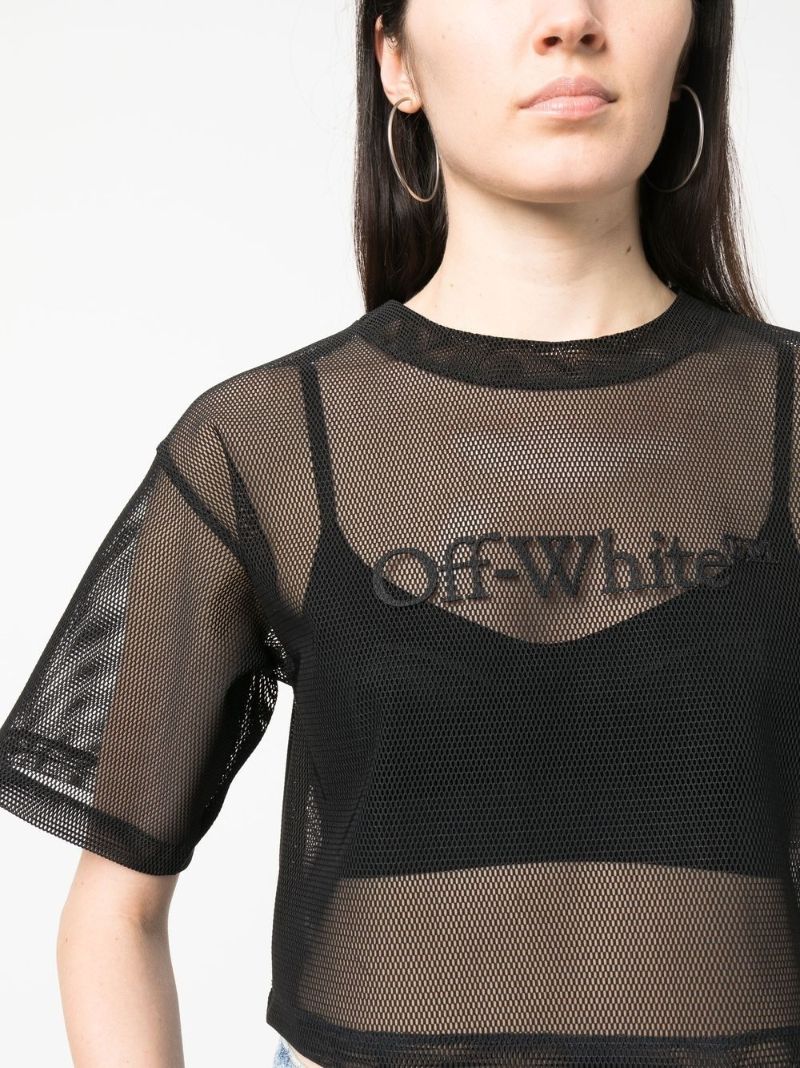 Black Logo Print Cropped Mesh T-shirt
