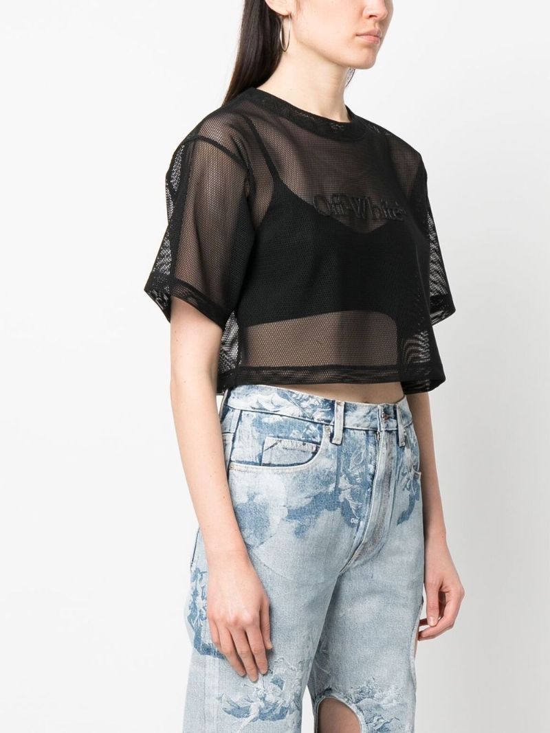 Black Logo Print Cropped Mesh T-shirt