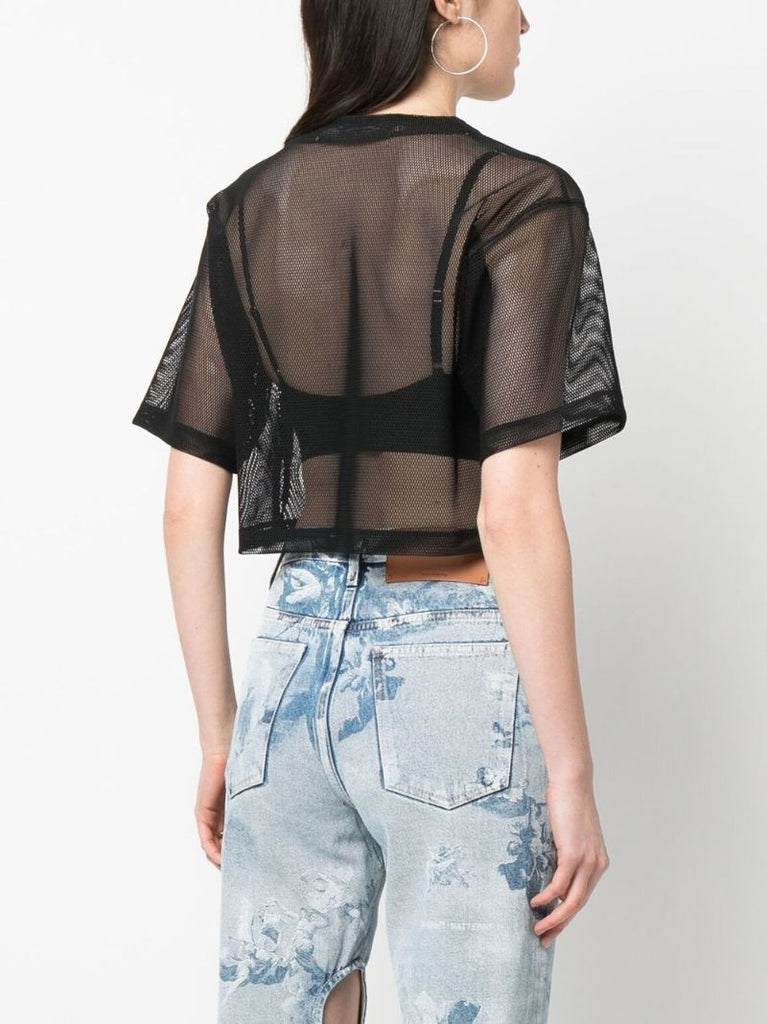 Black Logo Print Cropped Mesh T-shirt