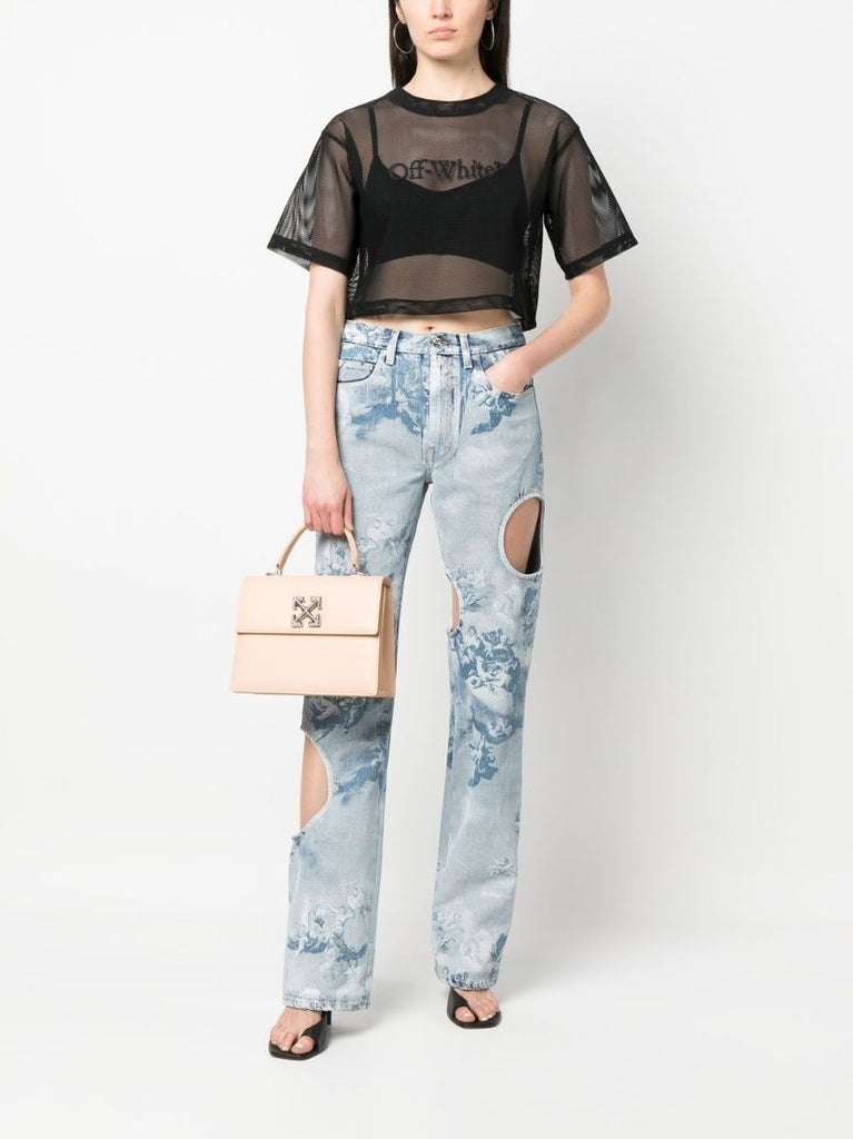 Black Logo Print Cropped Mesh T-shirt