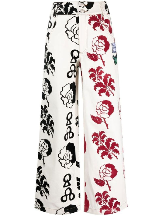 White Graphic-print High-waisted Trousers