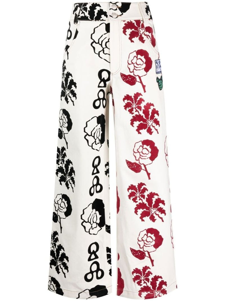 White Graphic-print High-waisted Trousers