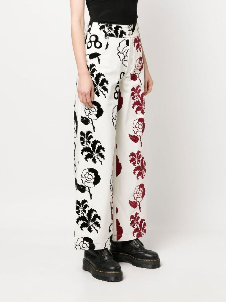 White Graphic-print High-waisted Trousers