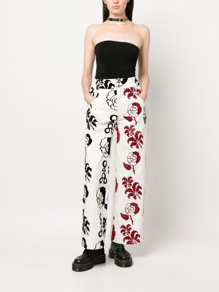White Graphic-print High-waisted Trousers