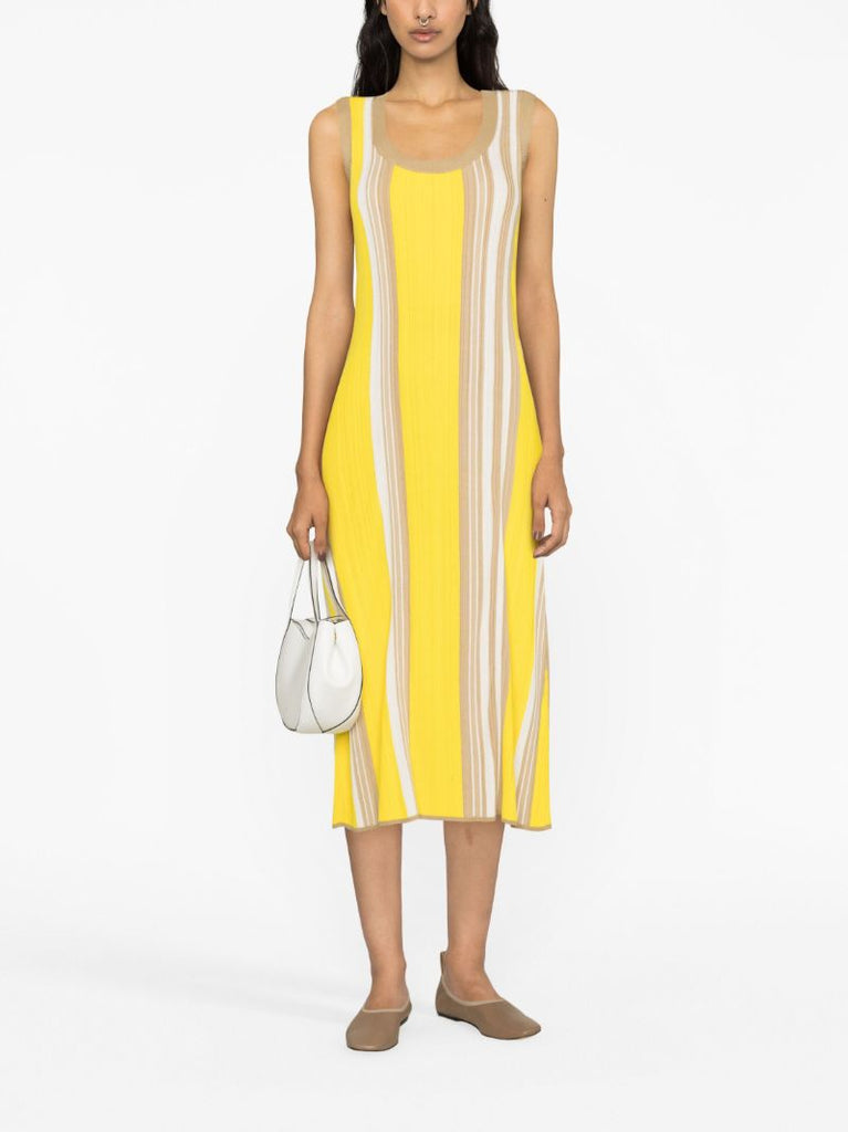 Yellow Striped Ribbed Midi Dress