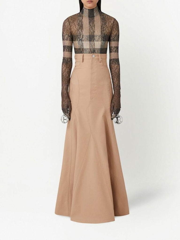 Neutral Cotton Gabardine Flared Maxi Skirt