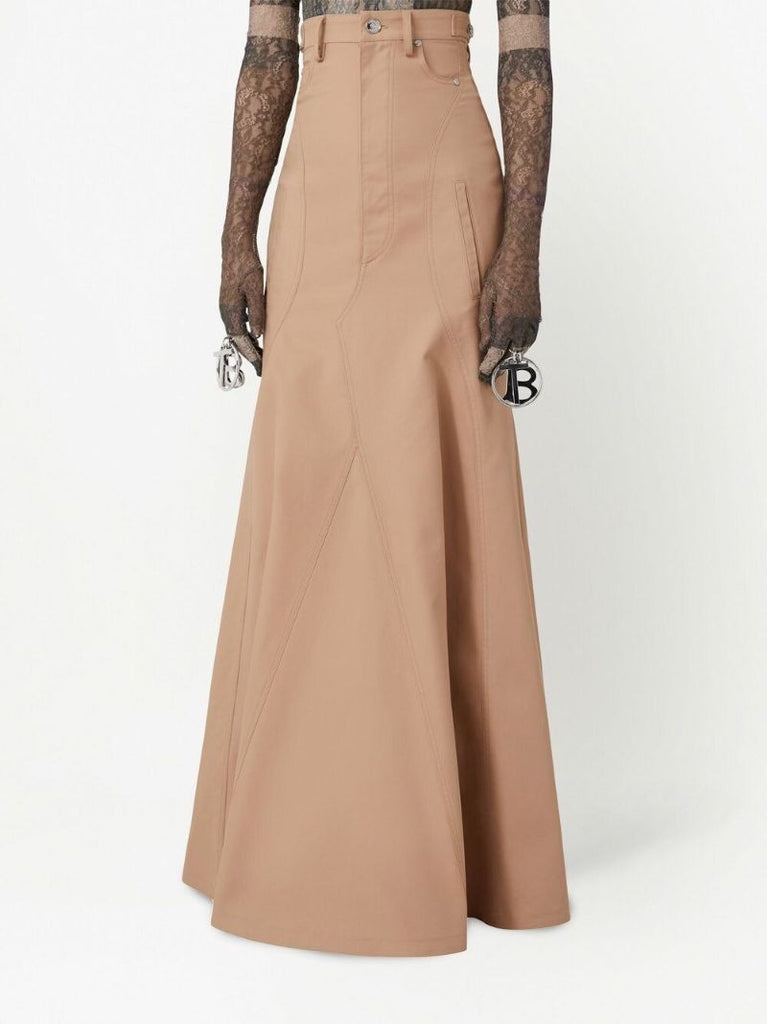 Neutral Cotton Gabardine Flared Maxi Skirt