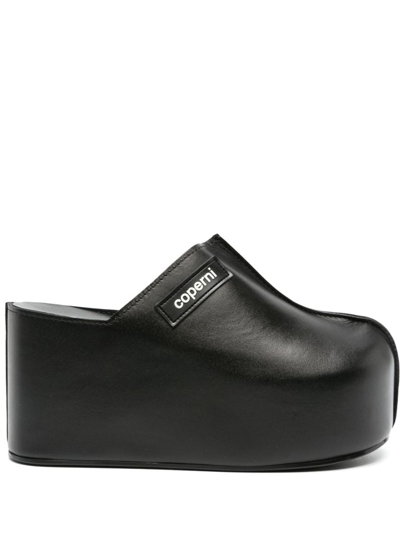 Black Branded Leather Platform Mules