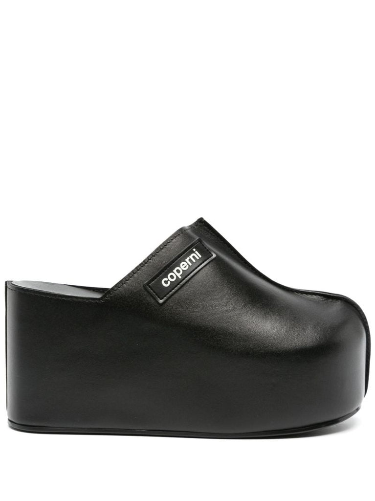 Black Branded Leather Platform Mules