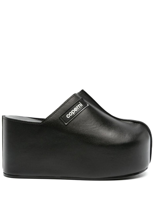 Black Branded Leather Platform Mules