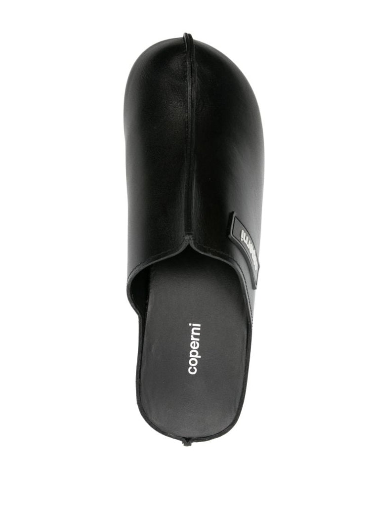 Black Branded Leather Platform Mules