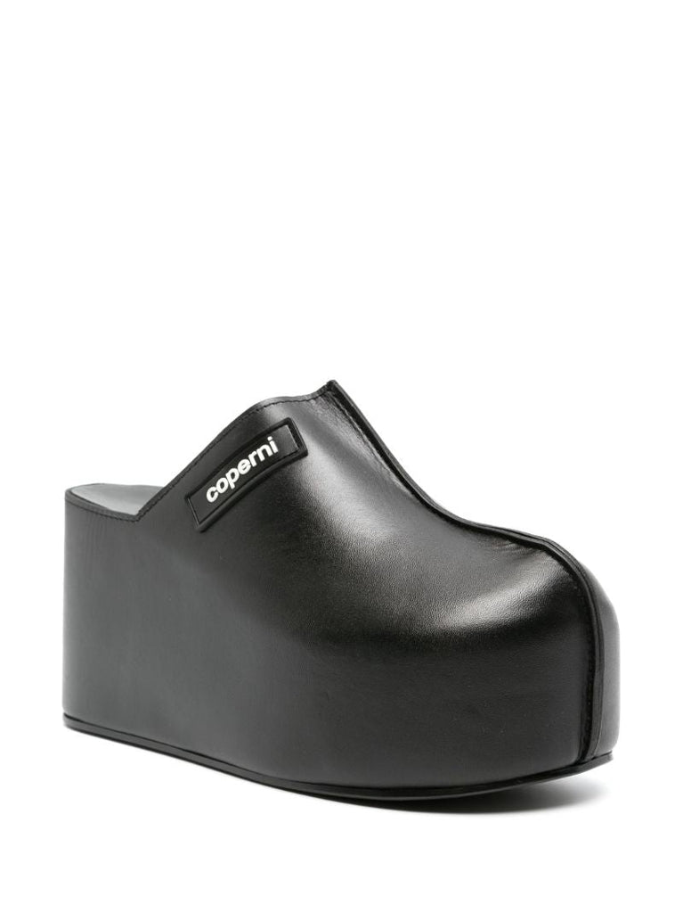 Black Branded Leather Platform Mules