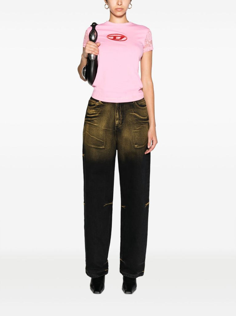 Pink T-sli-ovalace Lace AppliquÃ_x0083_Â© T-shirt