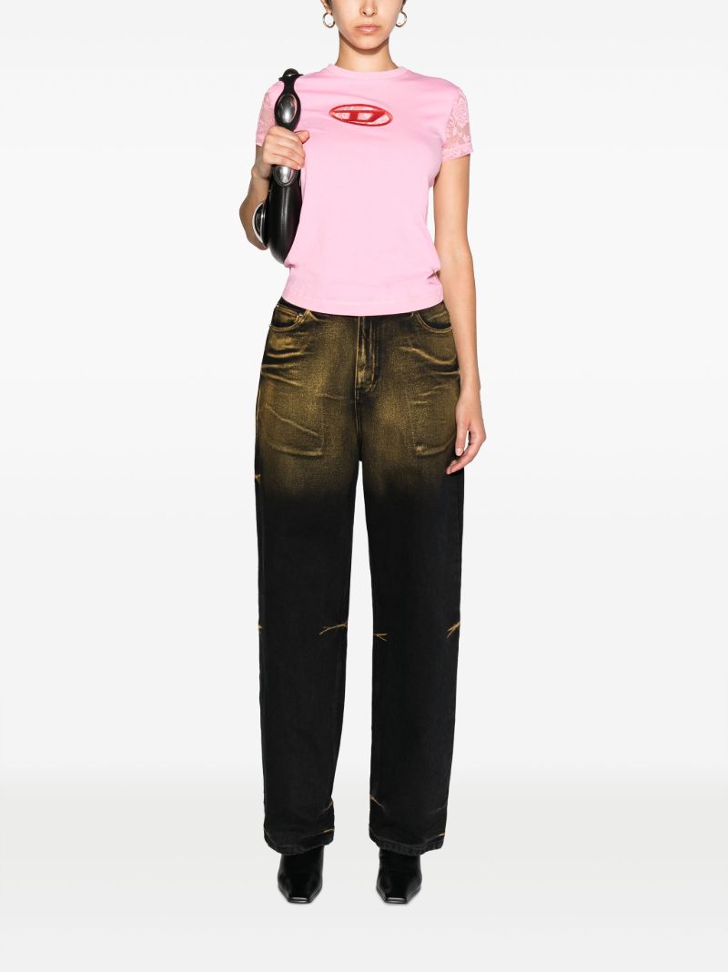 Pink T-sli-ovalace Lace AppliquÃ_x0083_Â© T-shirt