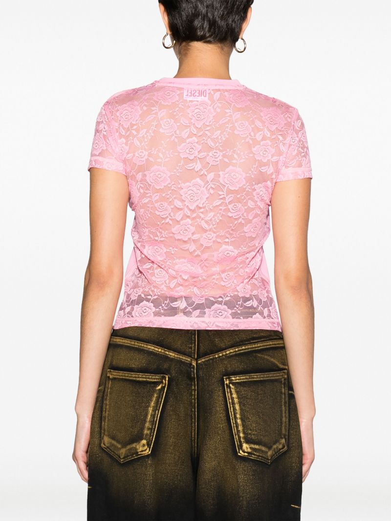 Pink T-sli-ovalace Lace AppliquÃ_x0083_Â© T-shirt
