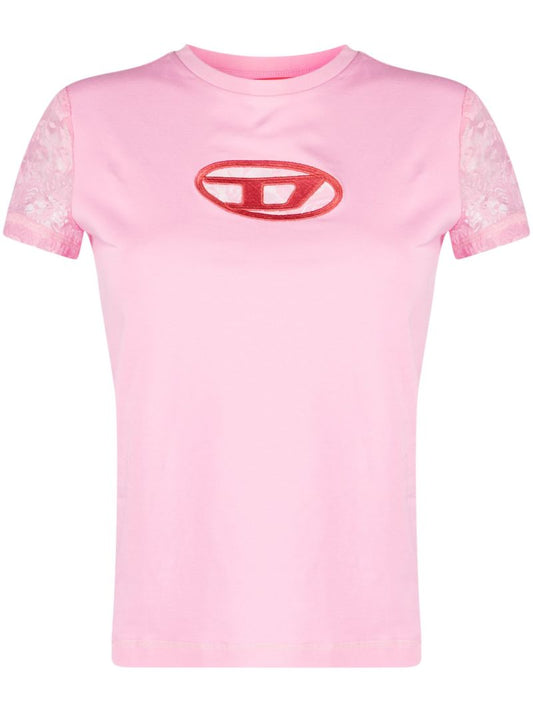 Pink T-sli-ovalace Lace AppliquÃ_x0083_Â© T-shirt
