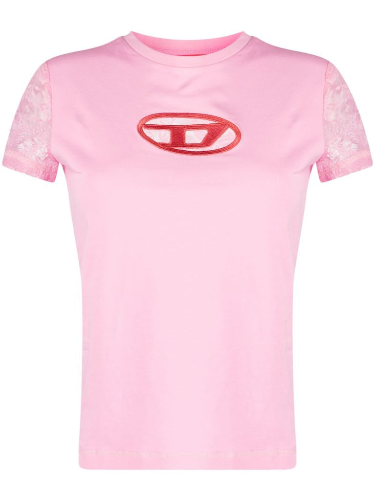Pink T-sli-ovalace Lace AppliquÃ_x0083_Â© T-shirt