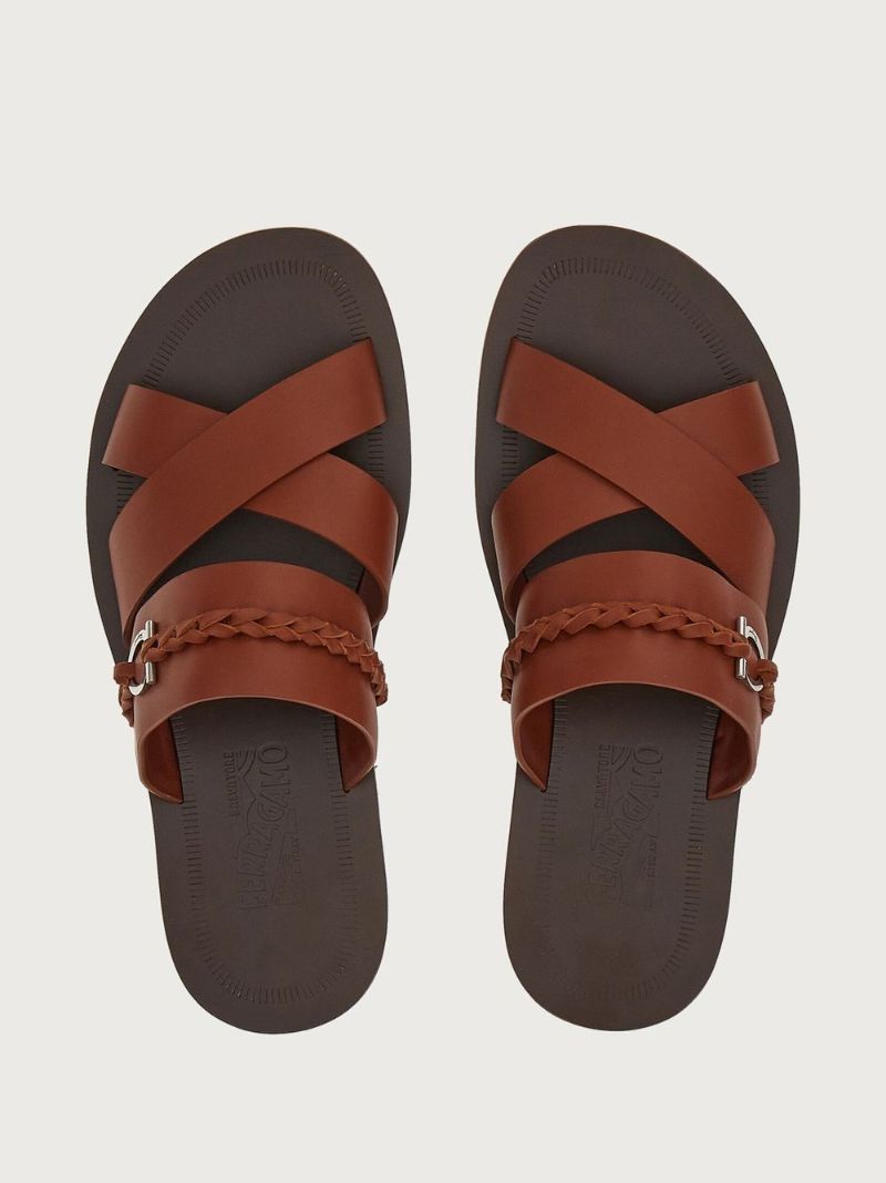 Brown Gancini Leather Sandals