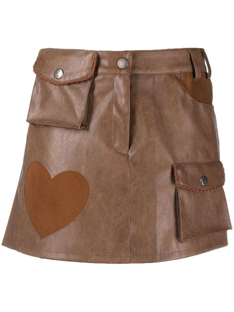 Brown Heart Patch Faux Leather Skirt