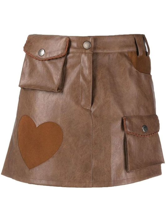 Brown Heart Patch Faux Leather Skirt