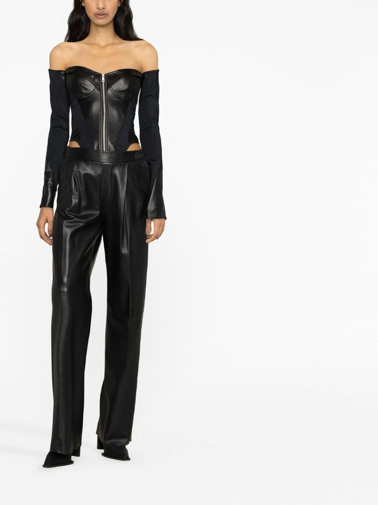 Black Off-shoulder Leather Bodysuit