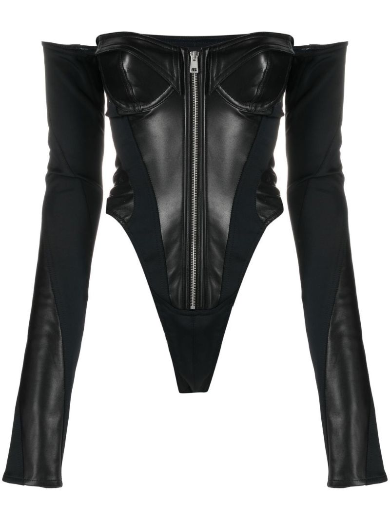 Black Off-shoulder Leather Bodysuit