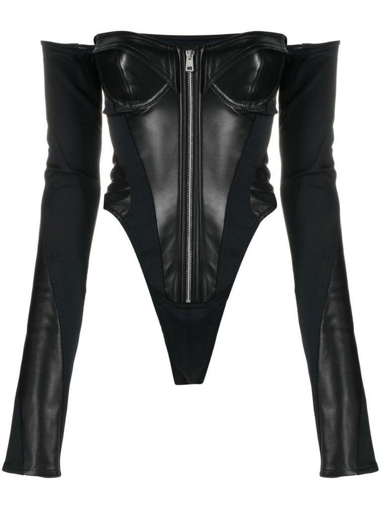 Black Off-shoulder Leather Bodysuit