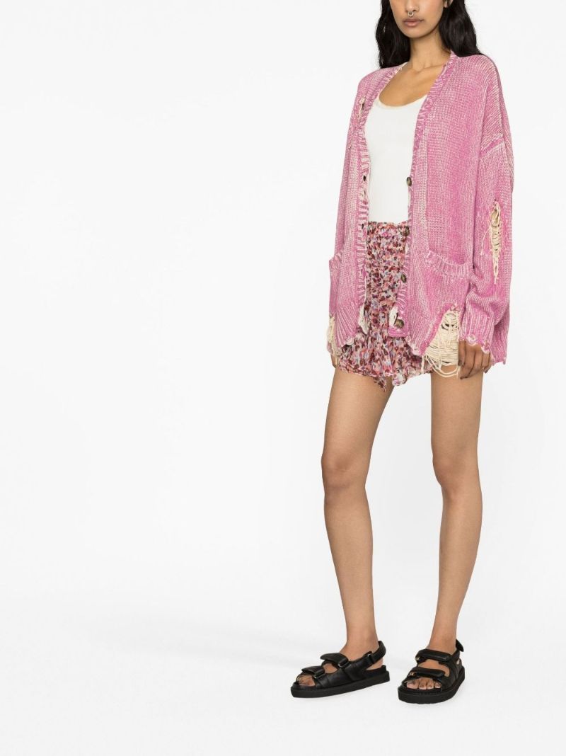 Pink Distressed V-neck Cardigan