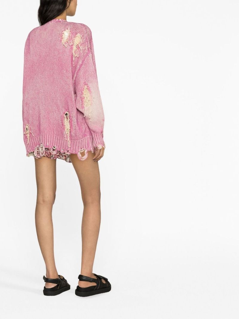 Pink Distressed V-neck Cardigan
